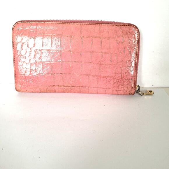 MIU MIU Croc Embossed Pink Leather Zip Around Wallet Clutch Continental Large - Picture 2 of 11